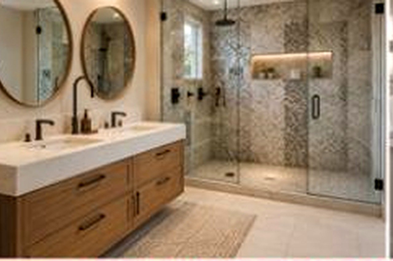 Warm vanity and tile finish direction