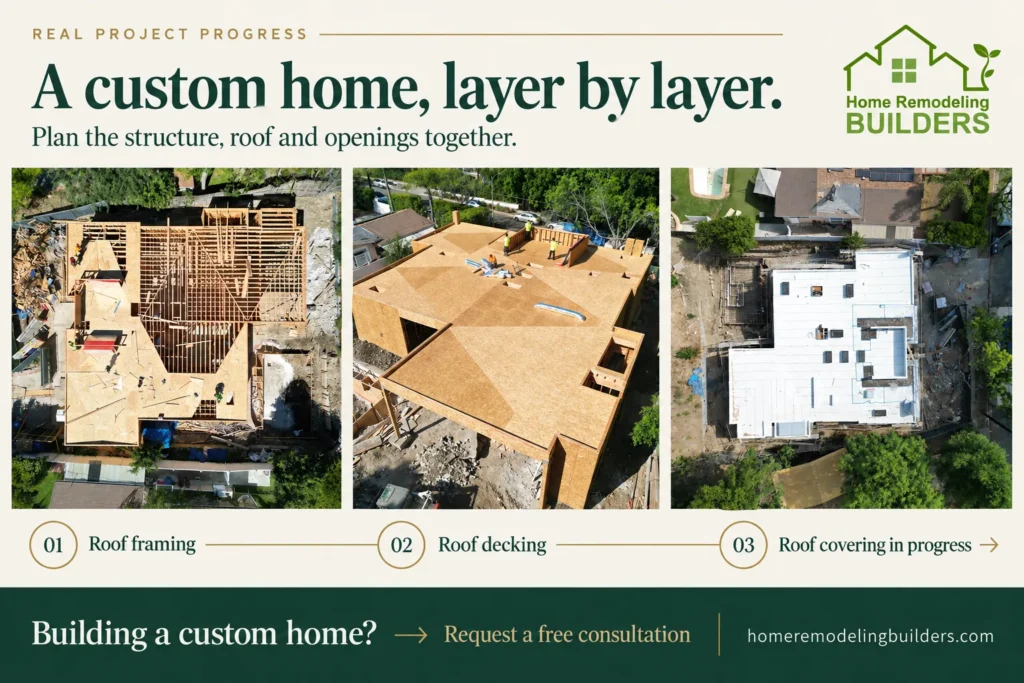 Home Remodeling Builders project graphic illustrating custom home roof stages.