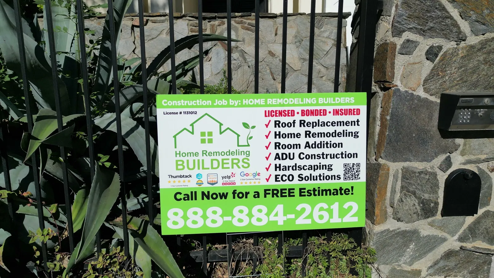 The Home Remodeling Builders sign at the start of the Beverly Hills project. Beverly Hills roofing project.