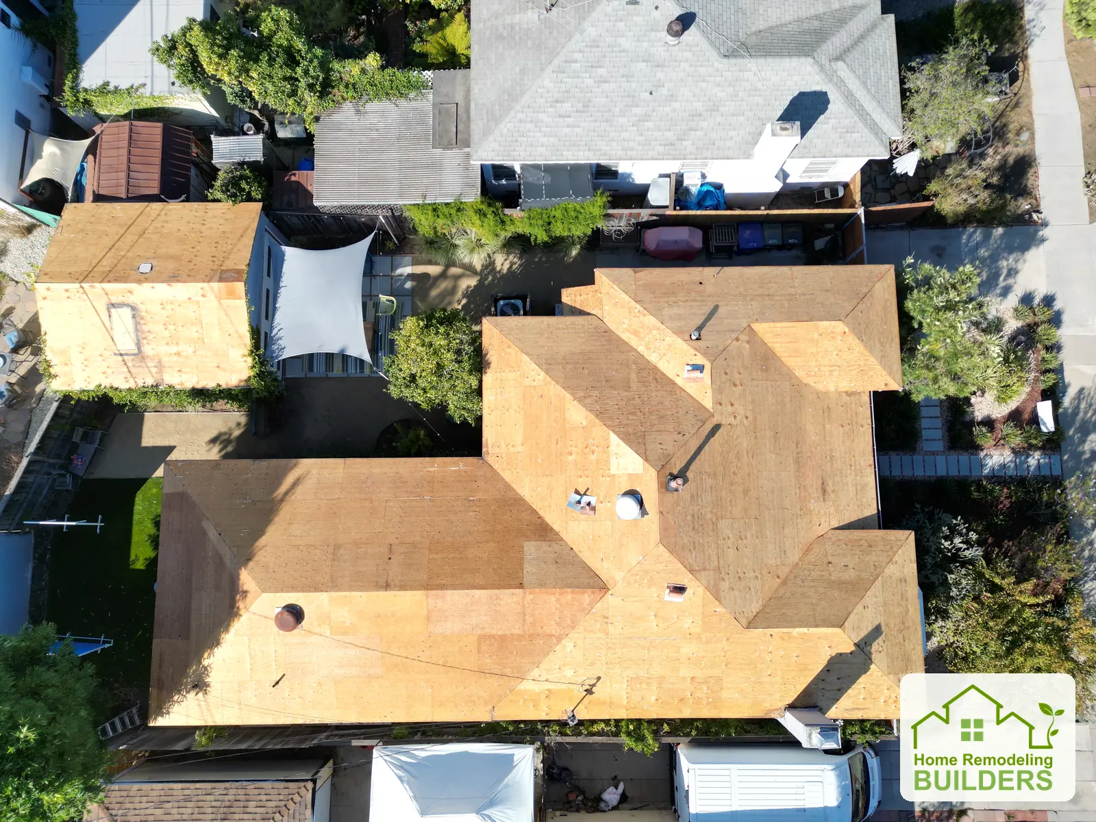 New roof sheathing in a straight-down aerial view. Culver City roofing project.