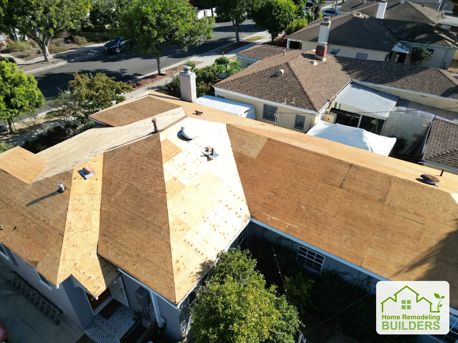 A closer view of the sheathing across intersecting roof slopes. Culver City roofing project.