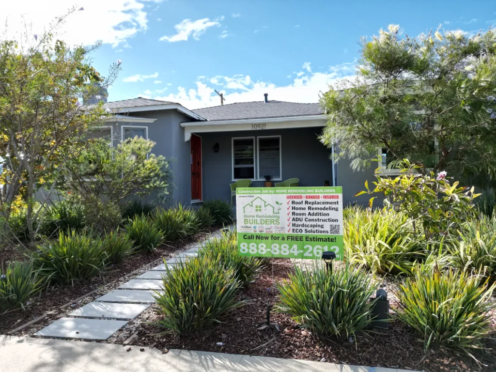 The completed roof above the front entrance and company sign. Culver City roofing project.