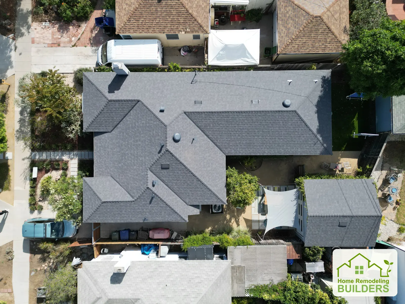 The complete shingle roof layout from overhead. Culver City roofing project.