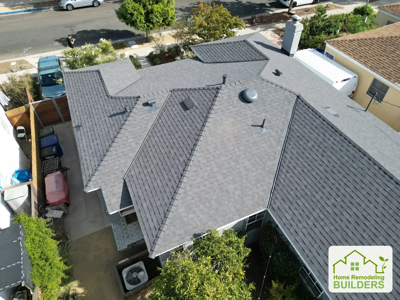 A closer aerial view of the finished roof junctions. Culver City roofing project.