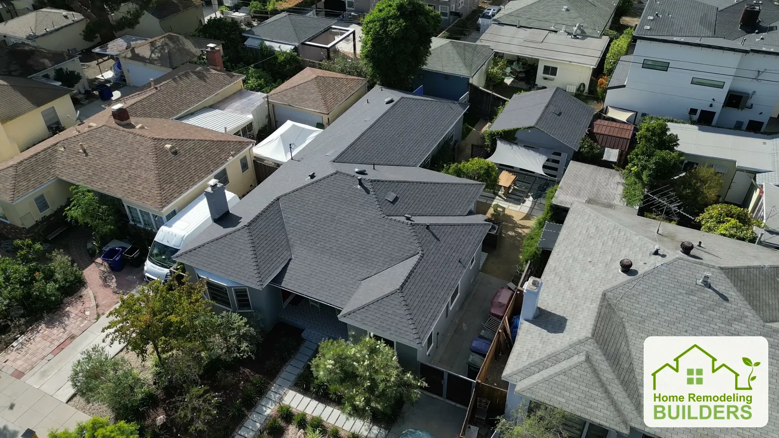 The finished Culver City roof and front roofline from above. Culver City roofing project.