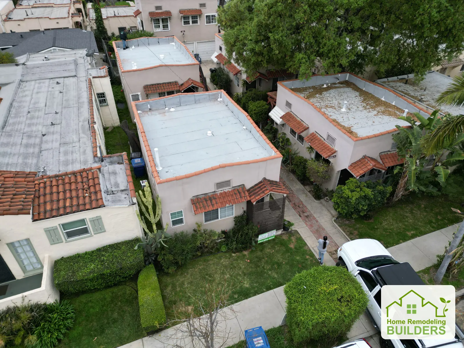 The completed flat roof viewed from above. Eagle Rock roofing project.