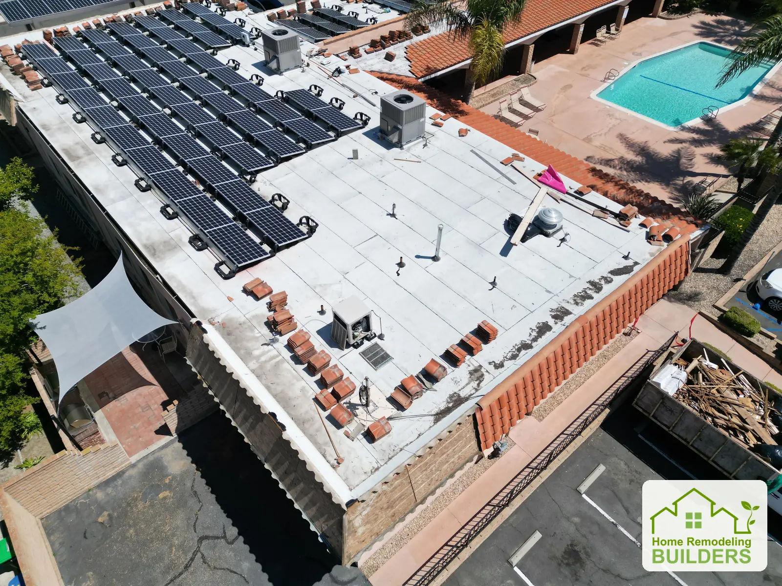 A closer aerial view of the roof surface and tile perimeter. Hemet roofing project.