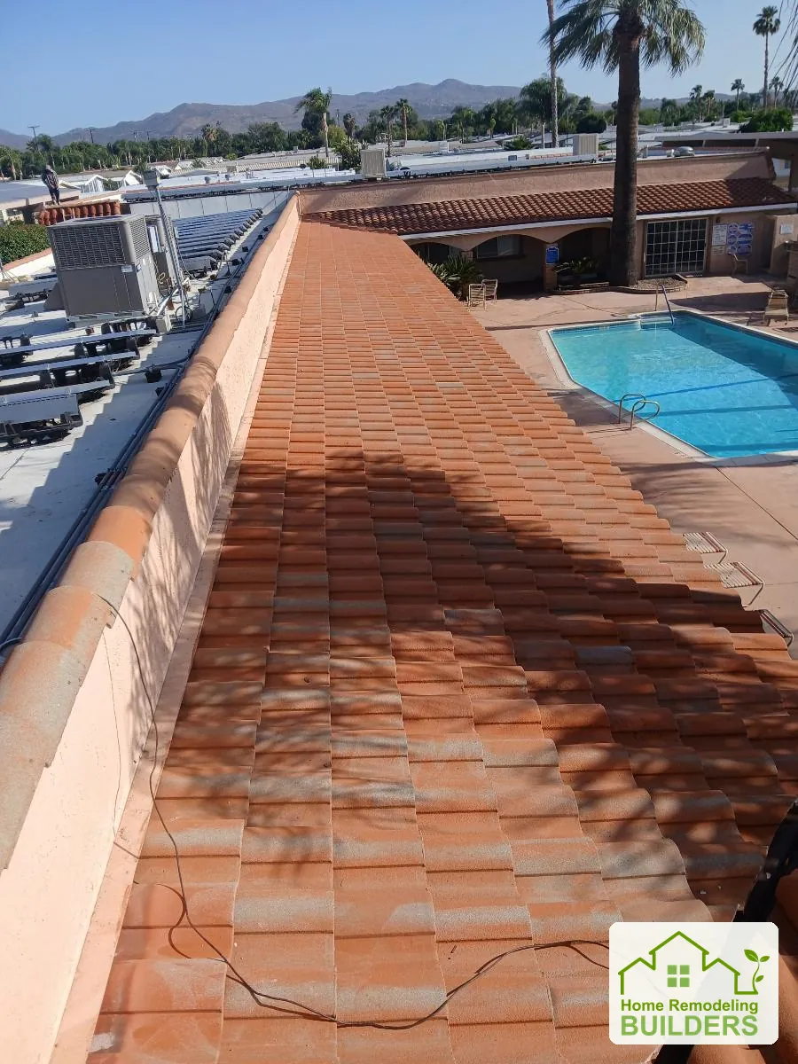 The existing tile roof along the courtyard. Hemet roofing project.