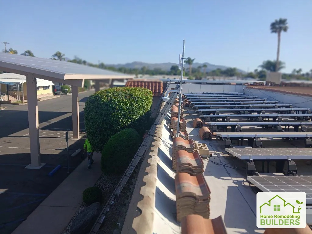 Roof battens and the exposed tile support during the Hemet roofing work.