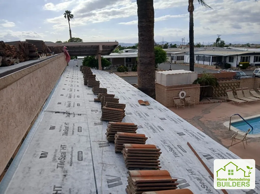 Underlayment installed along the courtyard roof. Hemet roofing project.