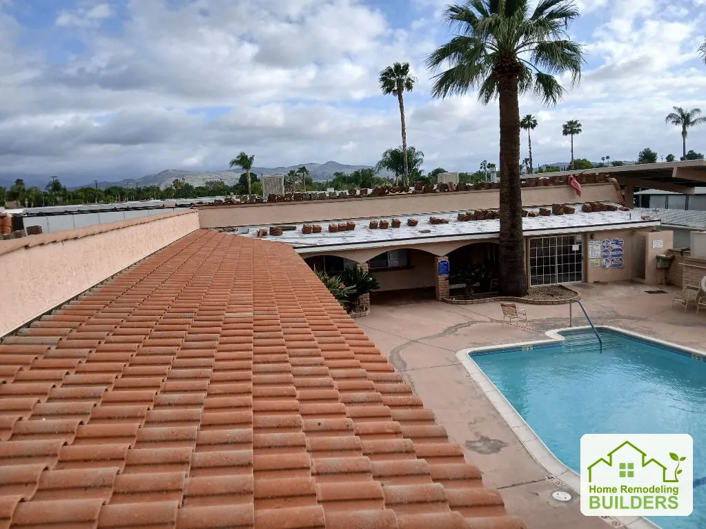 Tile courses overlooking the courtyard. Hemet roofing project.