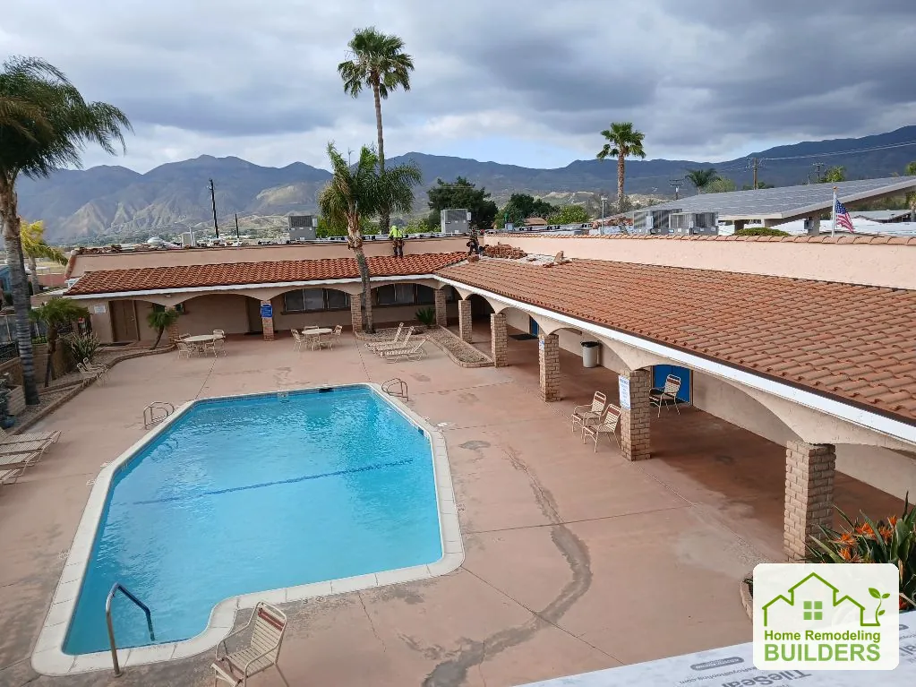 The tiled courtyard roofs viewed from the opposite side. Hemet roofing project.