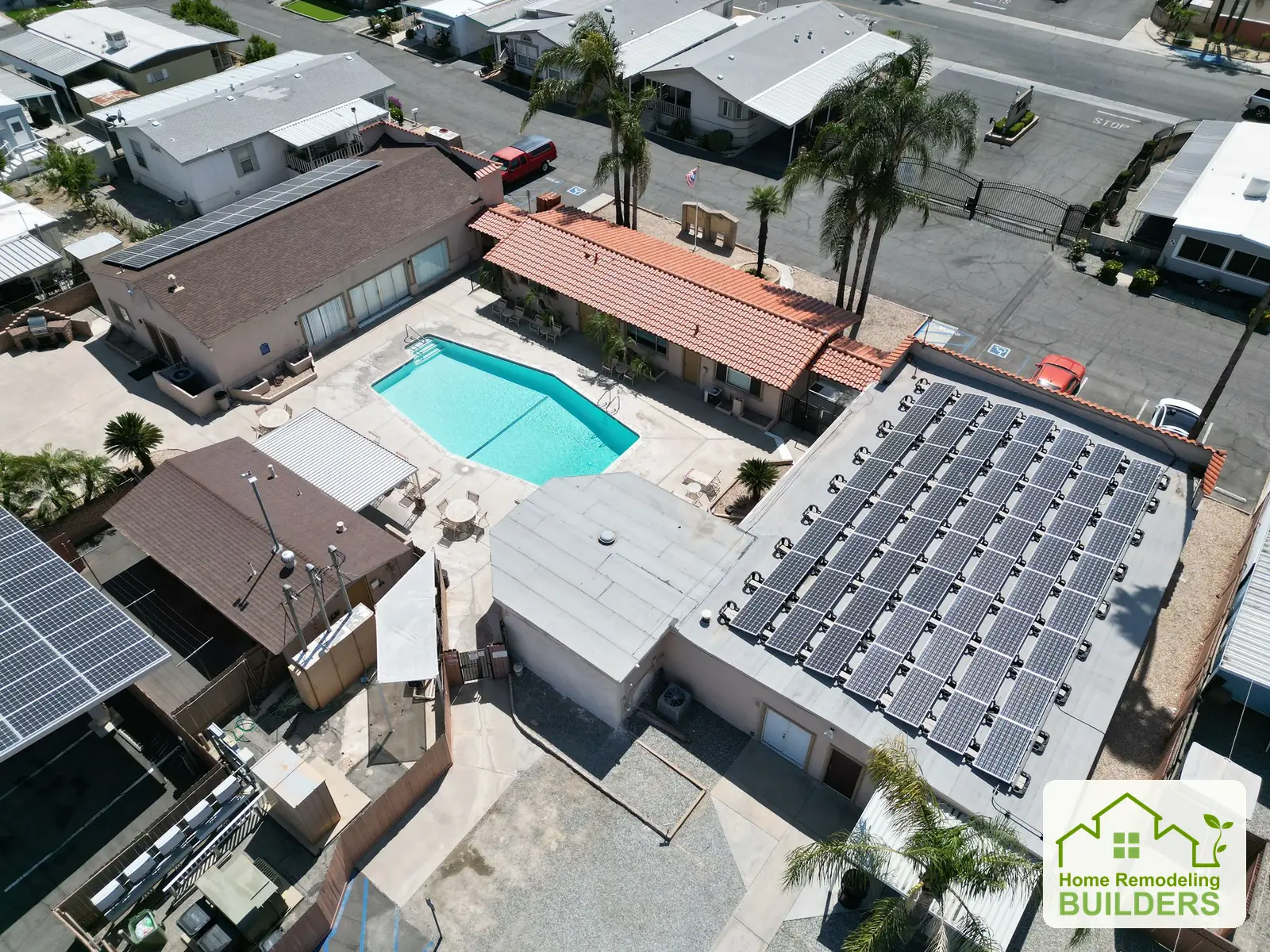 A wider aerial view of the property and its roof areas. Hemet roofing project.