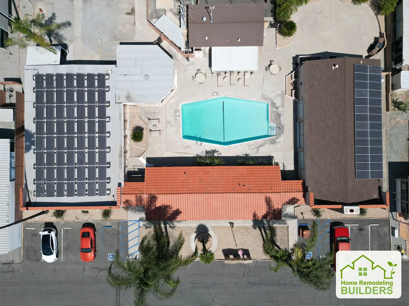 A straight-down view of the roof and central courtyard. Hemet roofing project.