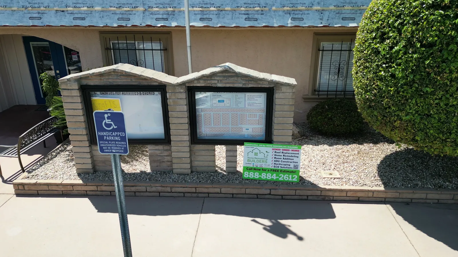 The Home Remodeling Builders sign at the Hemet project entrance. Hemet roofing project.