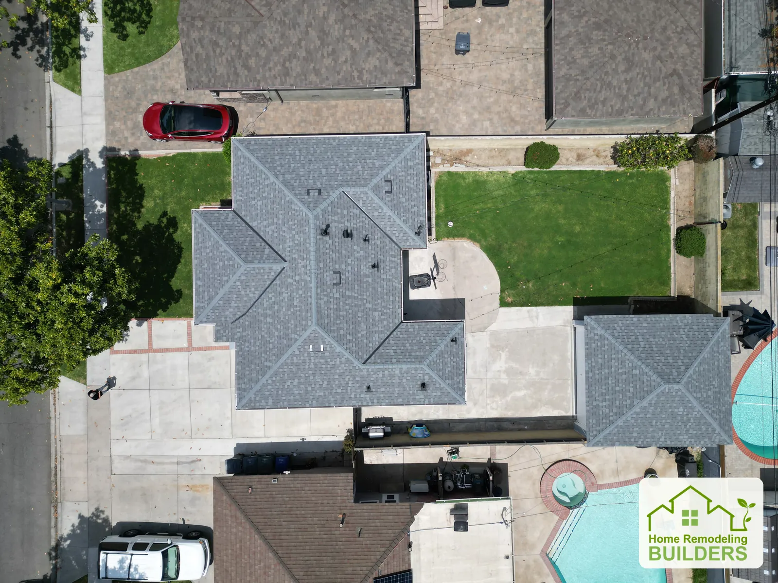 An overhead view of the finished roof planes. Lakewood roofing project.