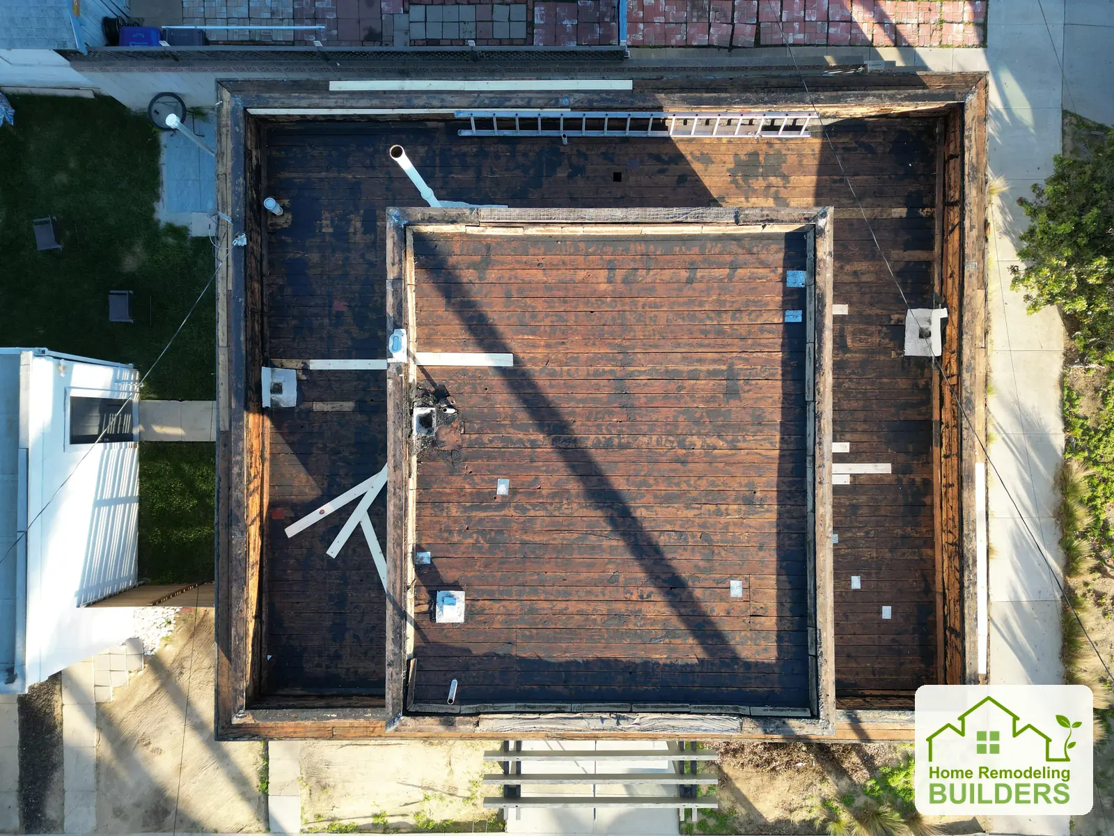 The exposed roof deck viewed straight down. Long Beach roofing project.