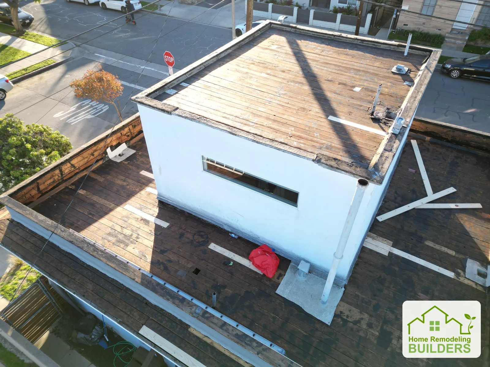Deck preparation on the upper roof. Long Beach roofing project.