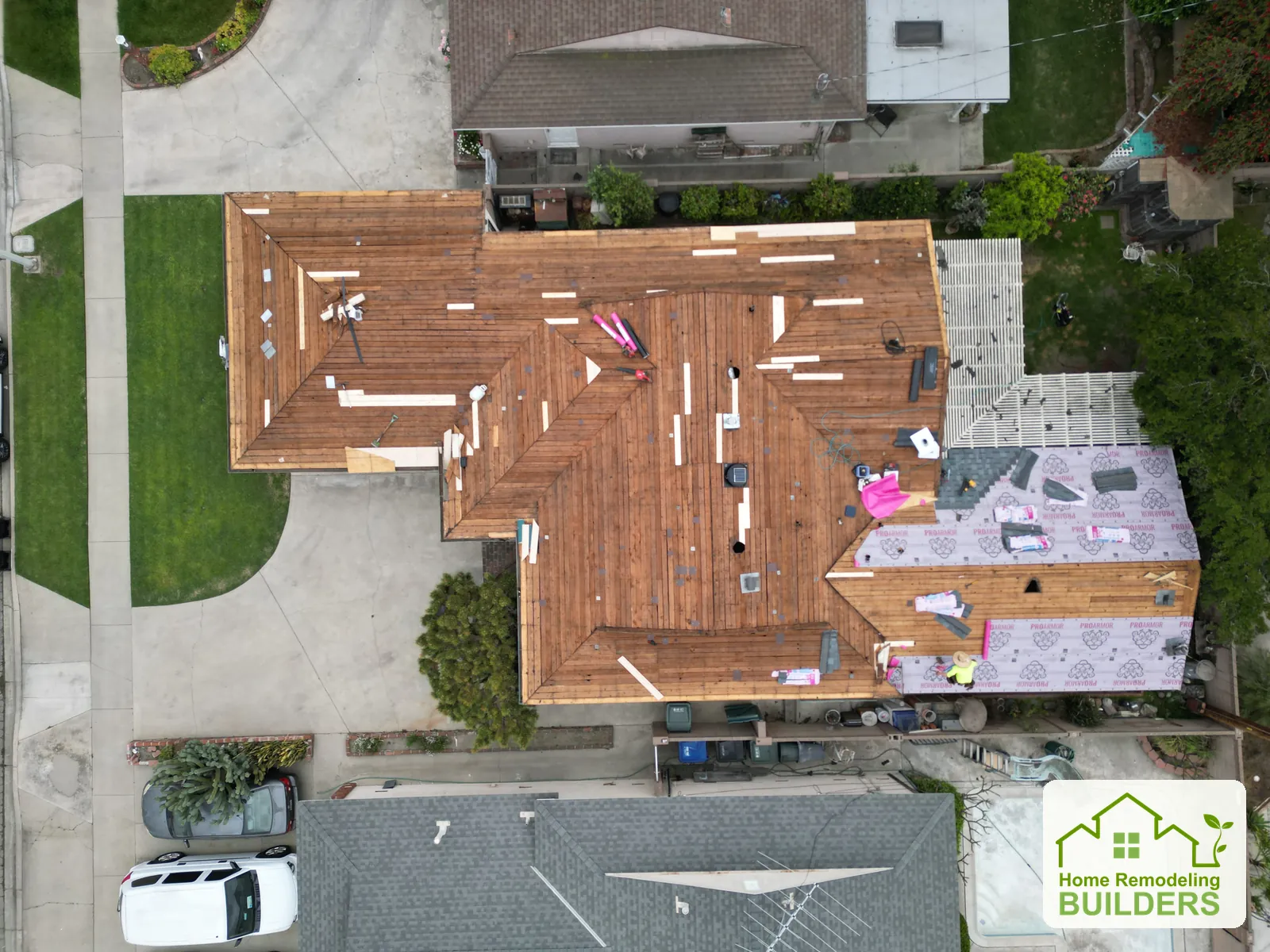 The exposed roof deck and repairs in an overhead view. Norwalk roofing project.