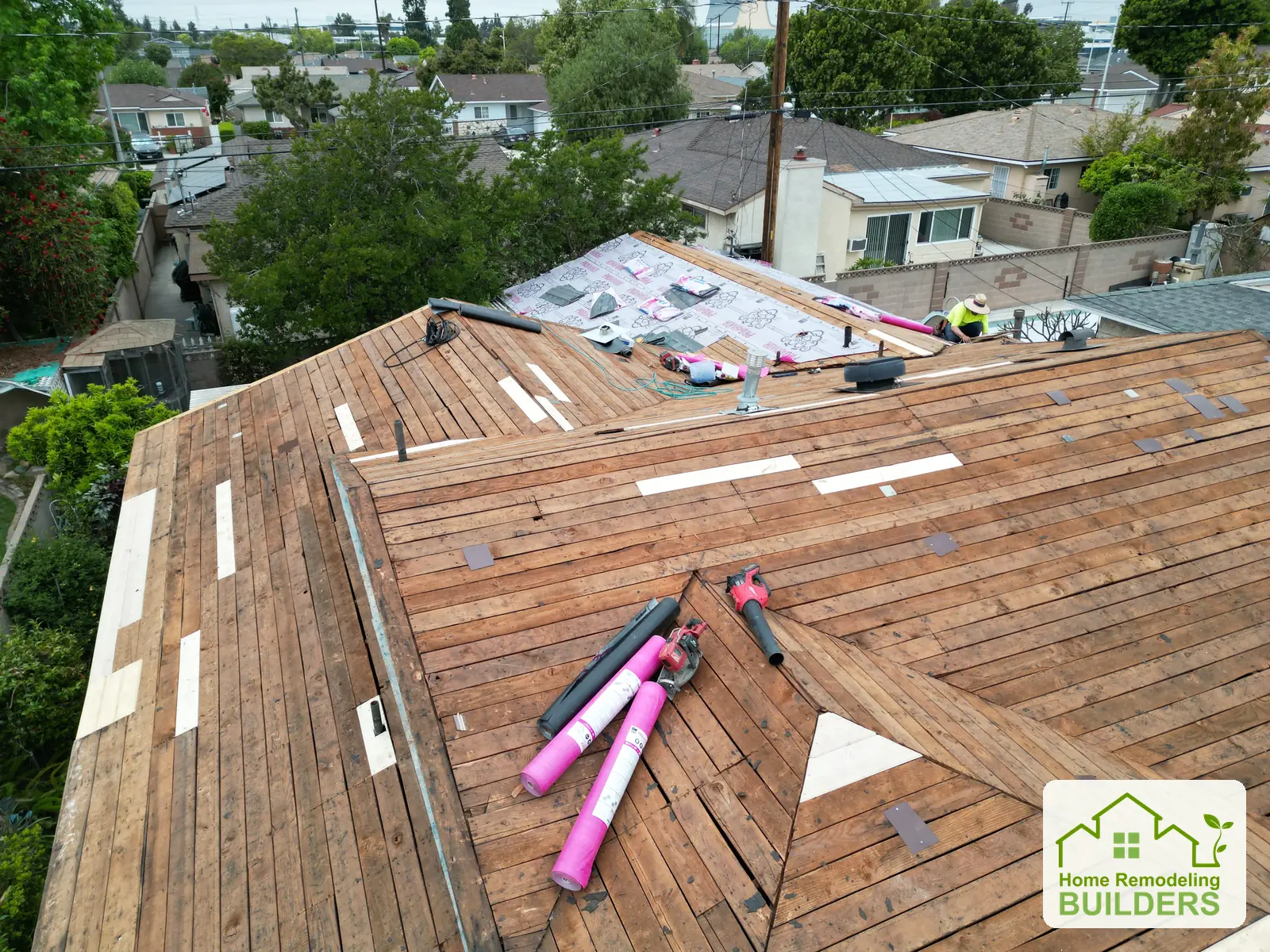 Roof Replacement Contractor Los Angeles 11 Roof preparation during the Norwalk shingle roofing project.