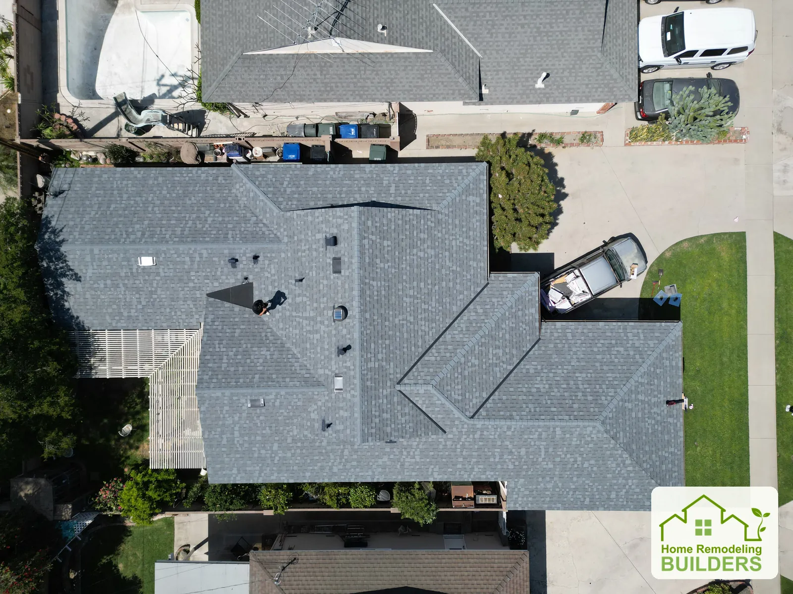 The finished shingle roof viewed straight down. Norwalk roofing project.