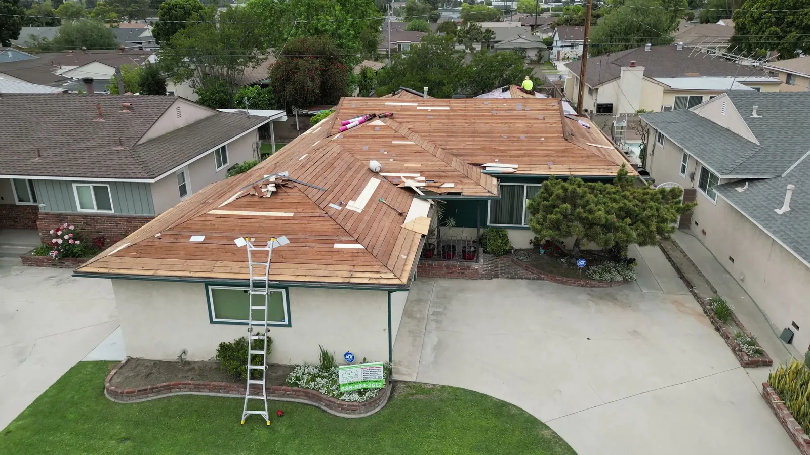 The prepared roof deck above the front of the Norwalk home. Norwalk roofing project.
