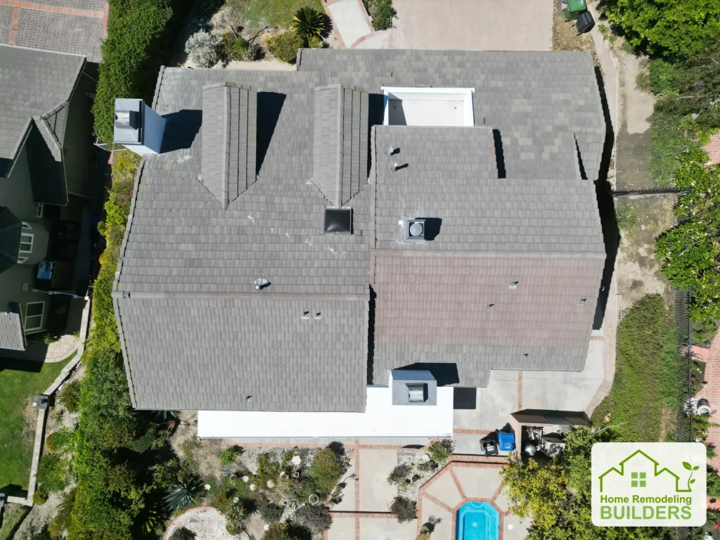 Overhead view showing the patio cover along the rear of the home.