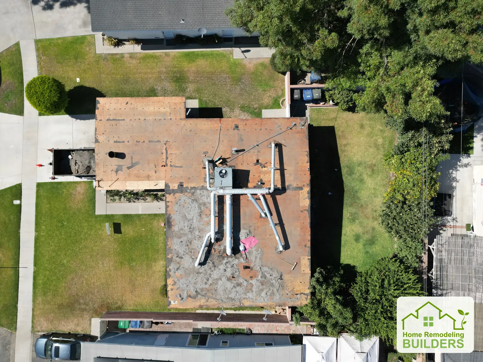 An overhead view of the roof during removal work. Pico Rivera roofing project.