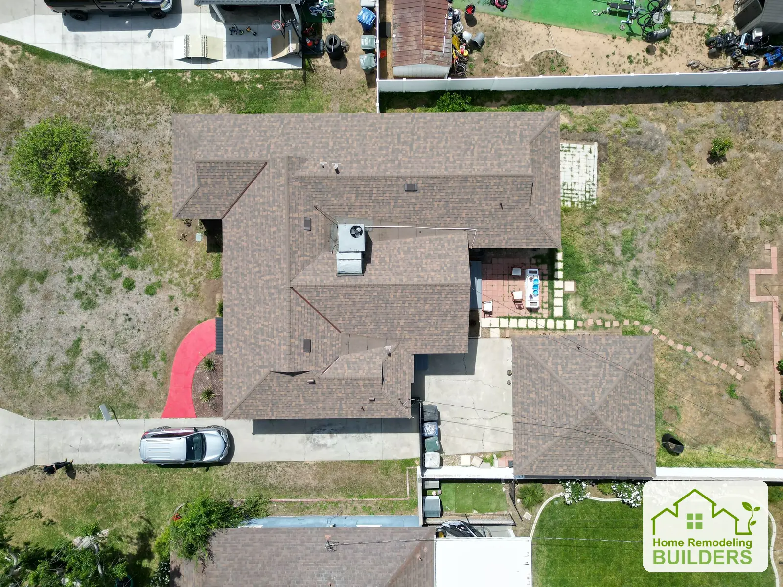 An overhead view of the completed roof. Riverside roofing project.