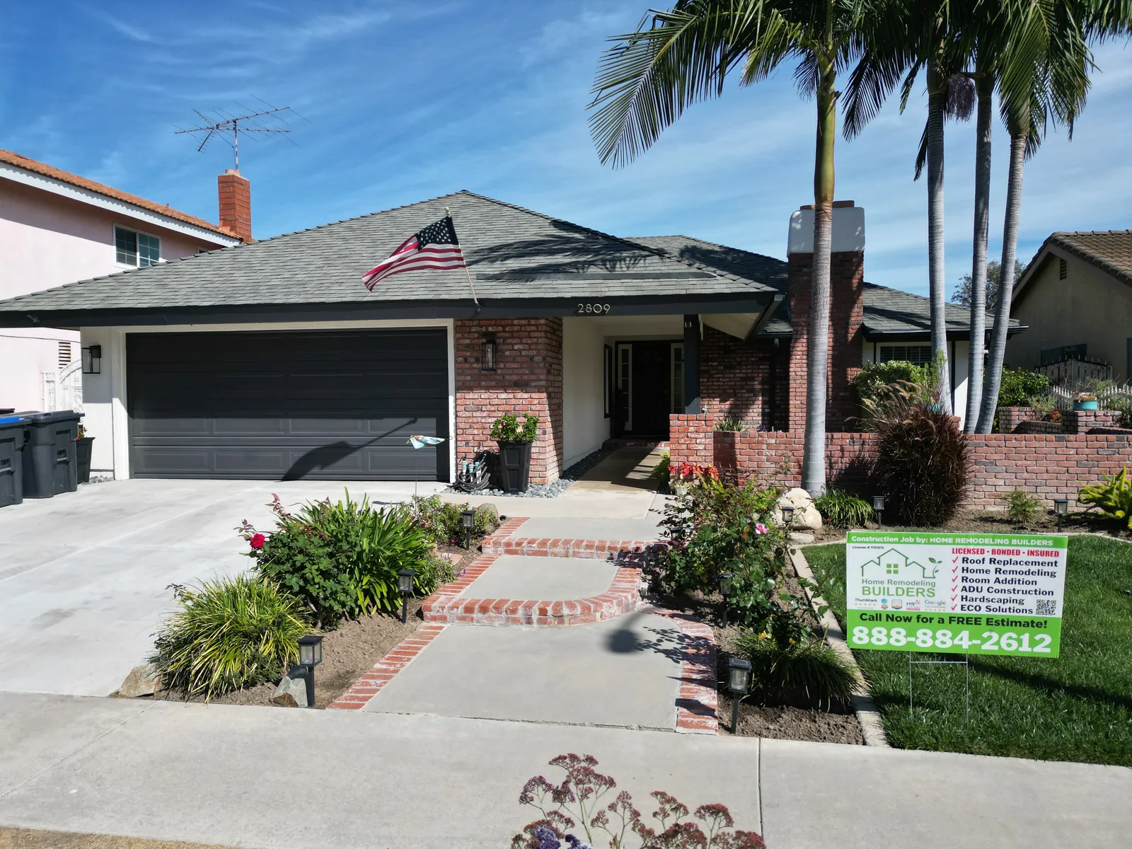 The original roof above the Santa Ana home and company sign. Santa Ana roofing project.