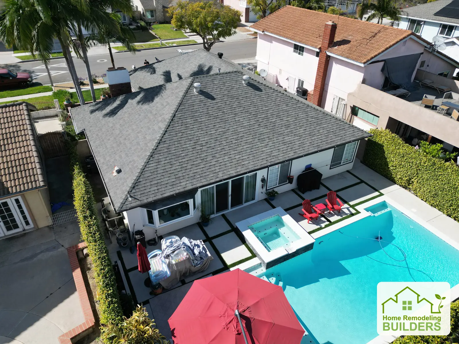The original roof viewed from above the backyard. Santa Ana roofing project.