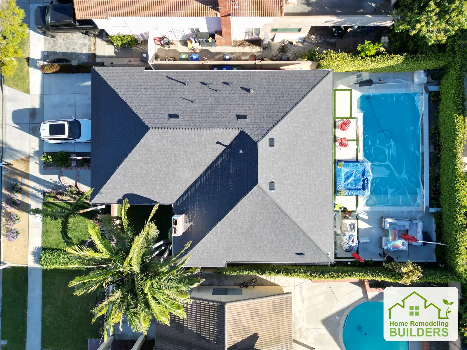 The completed shingle roof in an overhead view. Santa Ana roofing project.