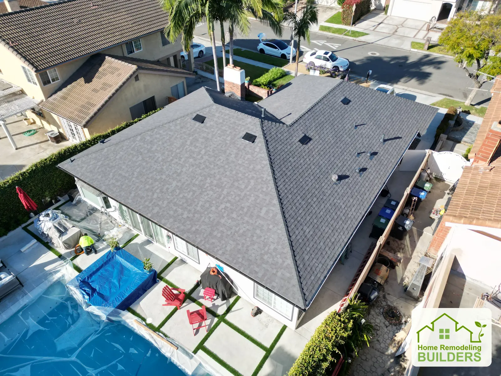 The completed roof viewed from the backyard side. Santa Ana roofing project.