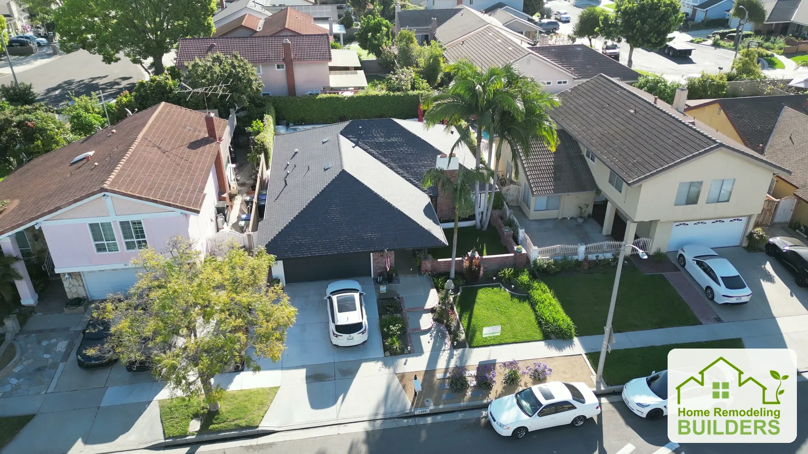 The finished roof viewed from above the front of the Santa Ana home. Santa Ana roofing project.