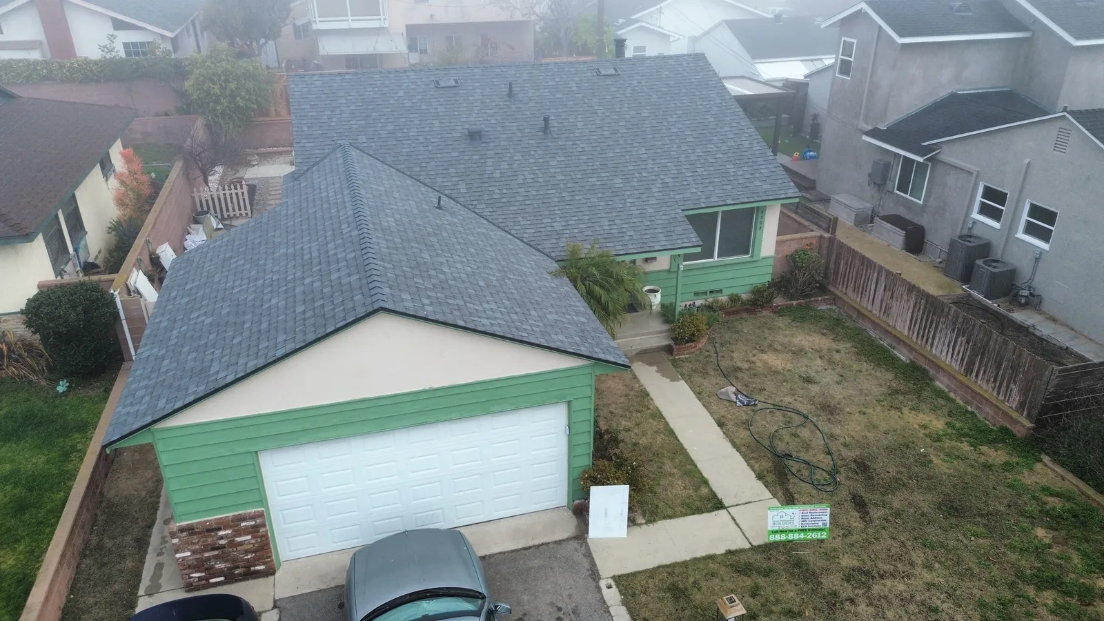 An elevated view of the finished shingle roof in Torrance. Torrance roofing project.