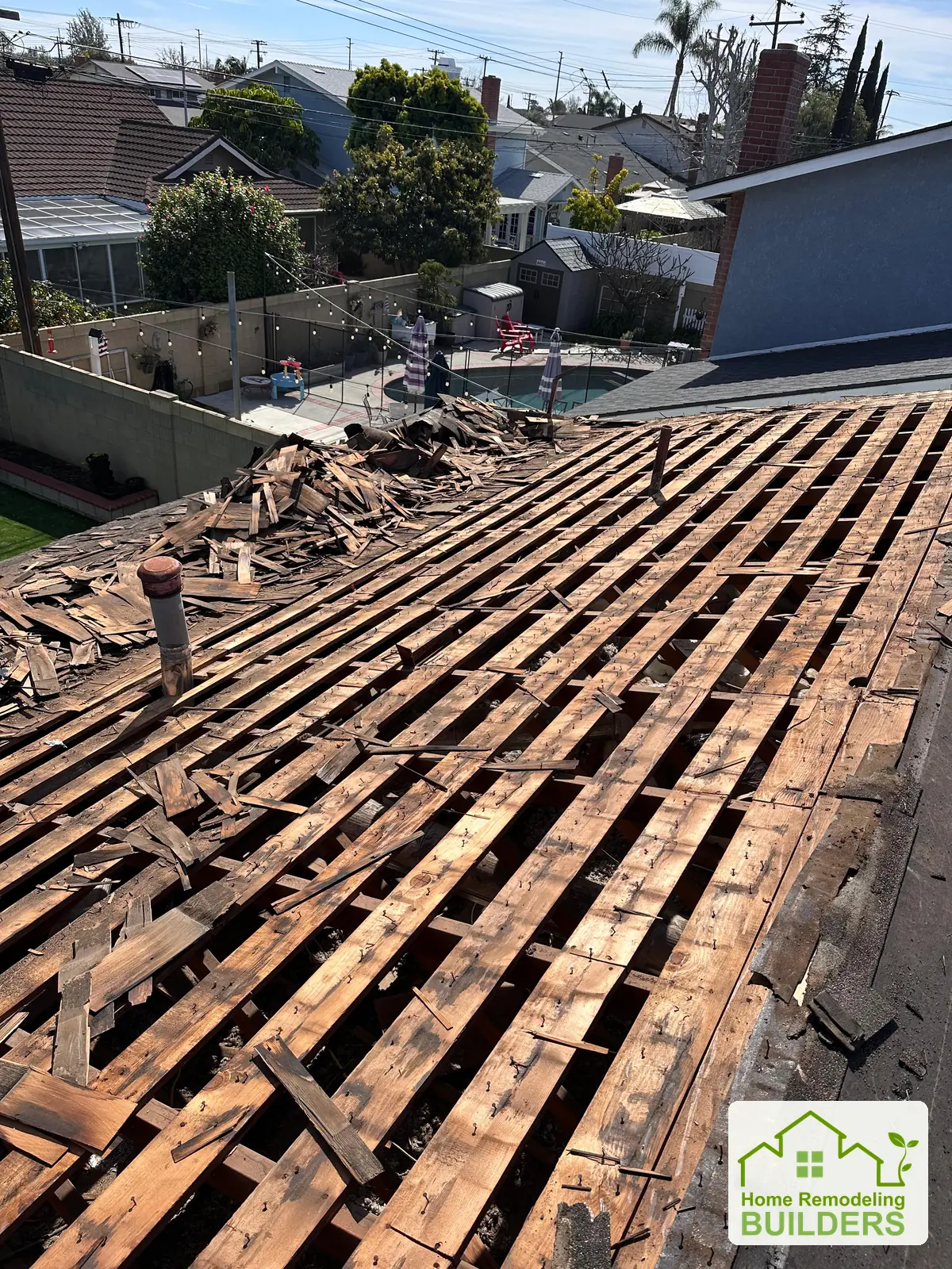The underlying roof structure exposed during removal. Westminster roofing project.