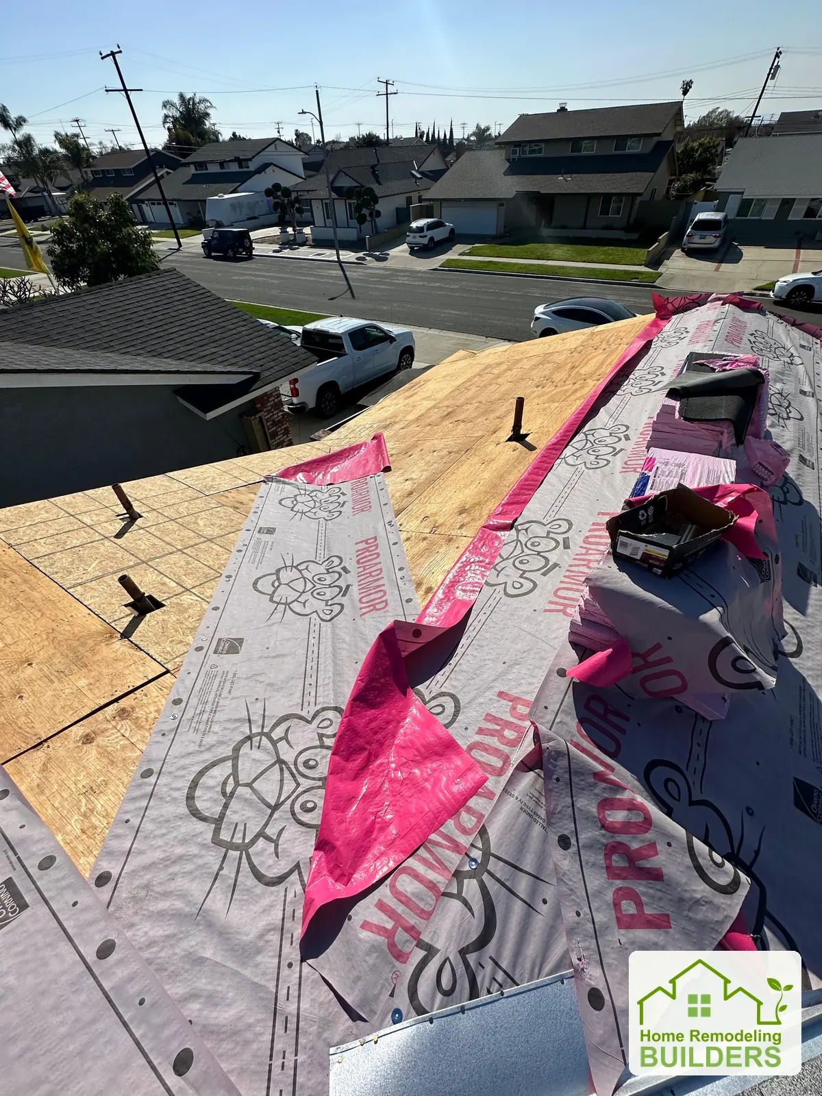 Roof preparation above the front of the property. Westminster roofing project.