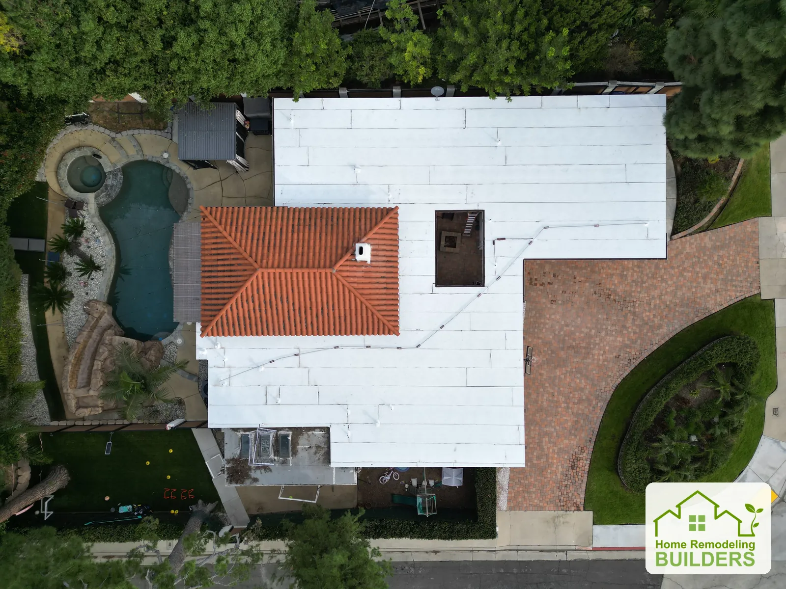 The finished flat roof in an overhead view. Whittier Â· Flat roof roofing project.
